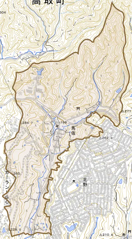 大字馬佐とその周辺の地図。町の範囲を重ねている