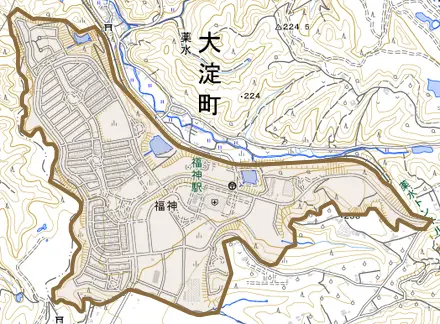 大字福神とその周辺の地図。町の範囲を重ねている