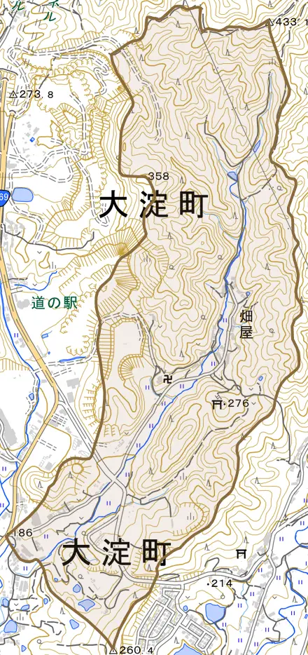 大字畑屋とその周辺の地図。町の範囲を重ねている