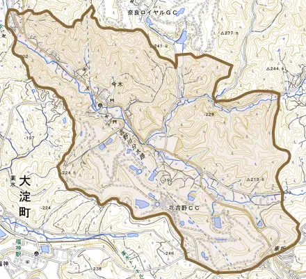 大字今木とその周辺の地図。町の範囲を重ねている