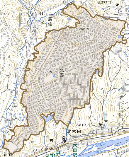 大字北野とその周辺の地図。町の範囲を重ねている