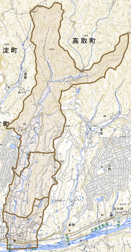 大字越部とその周辺の地図。町の範囲を重ねている