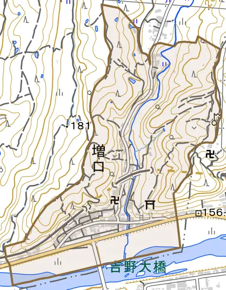 大字増口とその周辺の地図。町の範囲を重ねている