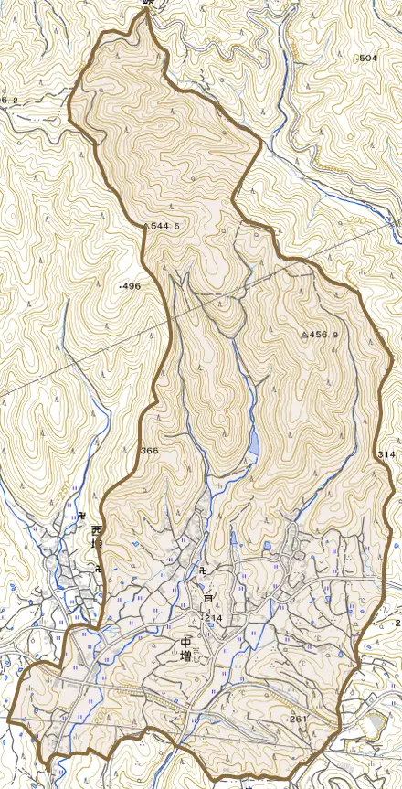 大字中増とその周辺の地図。町の範囲を重ねている