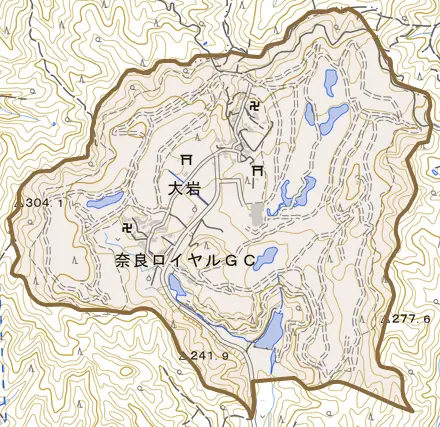 大字大岩とその周辺の地図。町の範囲を重ねている