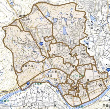 大字下渕とその周辺の地図。町の範囲を重ねている