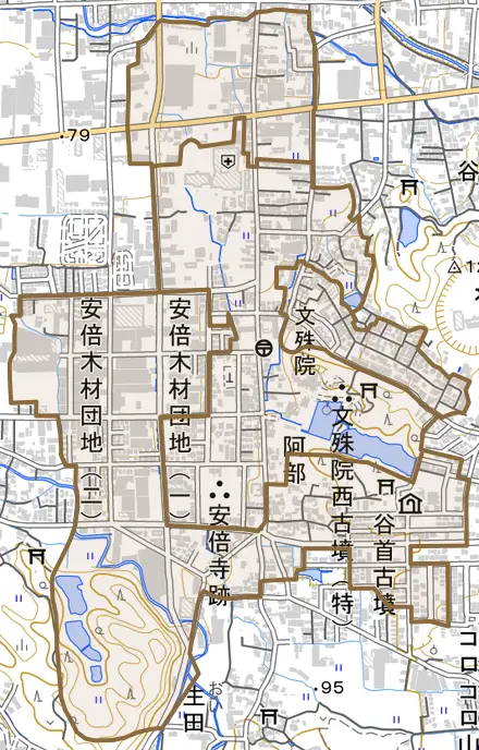大字阿部とその周辺の地図。町の範囲を重ねている