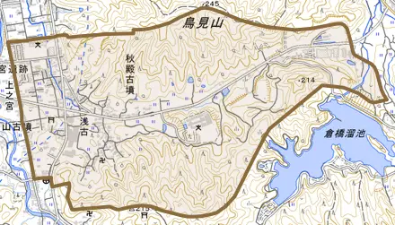 大字浅古とその周辺の地図。町の範囲を重ねている