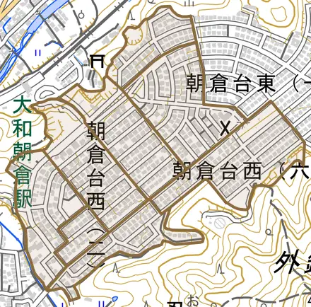 朝倉台西とその周辺の地図。町の範囲を重ねている