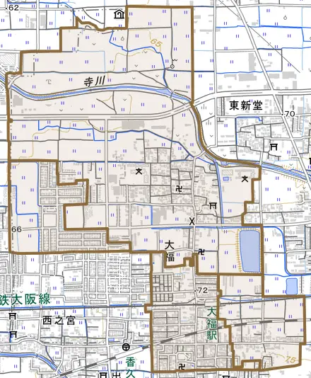 大字大福とその周辺の地図。町の範囲を重ねている