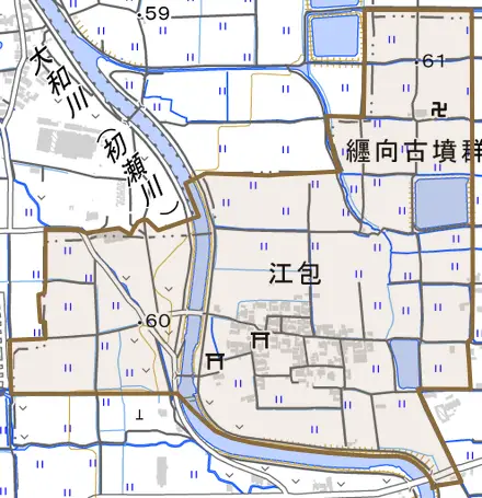 大字江包とその周辺の地図。町の範囲を重ねている