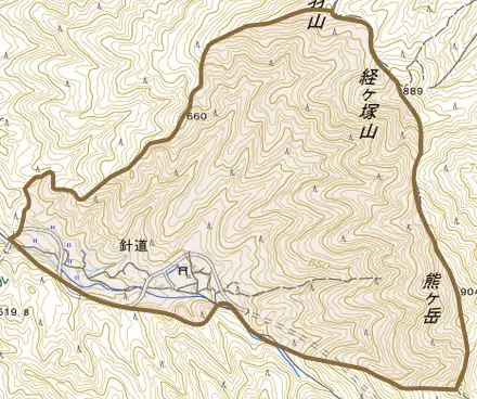大字針道とその周辺の地図。町の範囲を重ねている