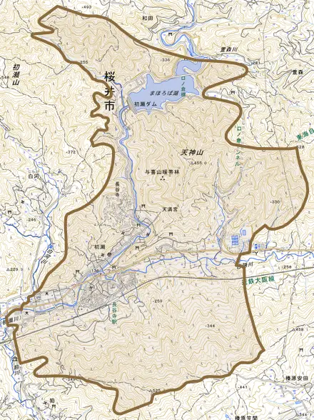 大字初瀬とその周辺の地図。町の範囲を重ねている