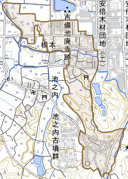 大字橋本とその周辺の地図。町の範囲を重ねている
