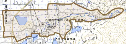 大字箸中とその周辺の地図。町の範囲を重ねている