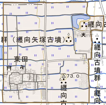 大字東田とその周辺の地図。町の範囲を重ねている