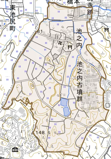 大字池之内とその周辺の地図。町の範囲を重ねている