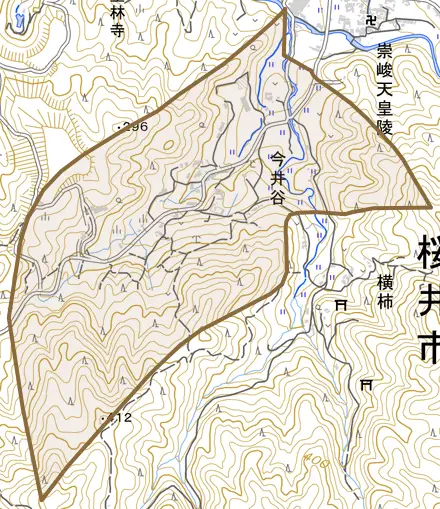 大字今井谷とその周辺の地図。町の範囲を重ねている