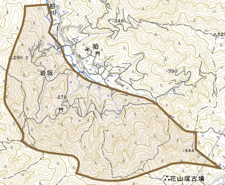 大字岩坂とその周辺の地図。町の範囲を重ねている