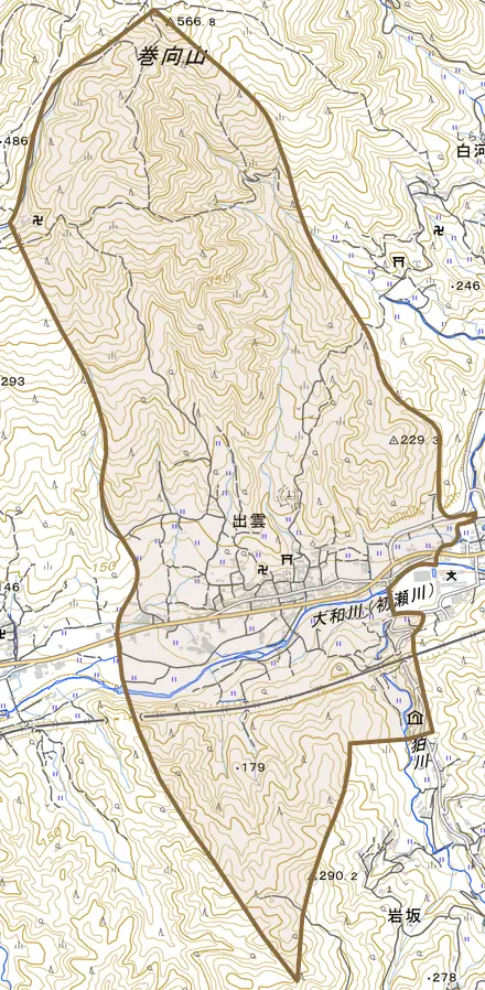 大字出雲とその周辺の地図。町の範囲を重ねている