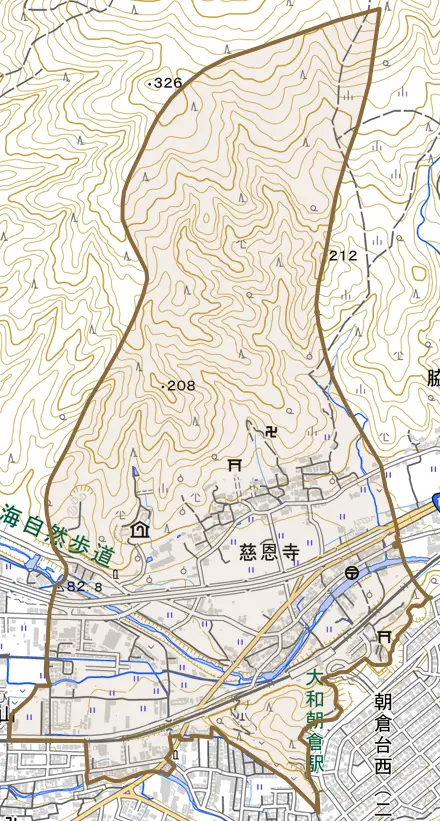 大字慈恩寺とその周辺の地図。町の範囲を重ねている