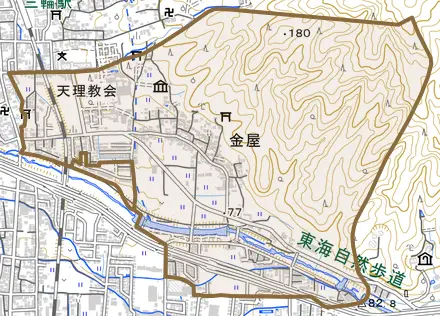 大字金屋とその周辺の地図。町の範囲を重ねている