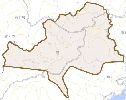 大字笠とその周辺の地図。町の範囲を重ねている