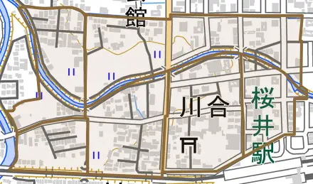 大字川合とその周辺の地図。町の範囲を重ねている