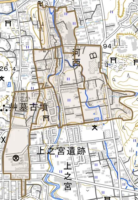 大字河西とその周辺の地図。町の範囲を重ねている