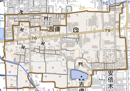 大字吉備とその周辺の地図。町の範囲を重ねている