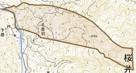 大字北音羽とその周辺の地図。町の範囲を重ねている