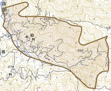 大字狛とその周辺の地図。町の範囲を重ねている