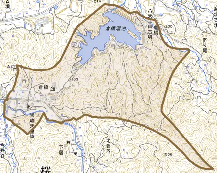 大字倉橋とその周辺の地図。町の範囲を重ねている