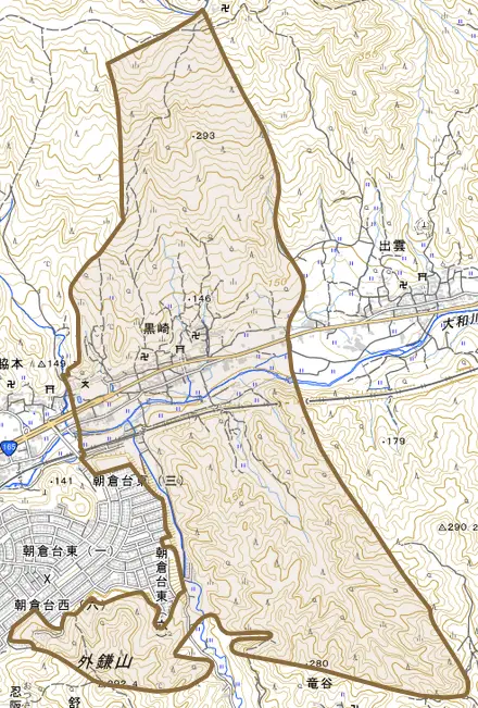 大字黒崎とその周辺の地図。町の範囲を重ねている