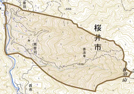 大字南音羽とその周辺の地図。町の範囲を重ねている