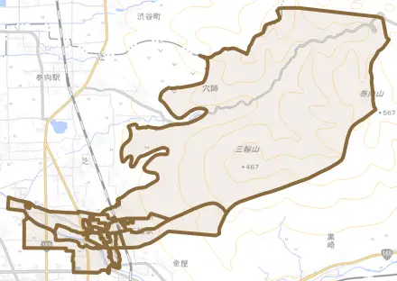 大字三輪とその周辺の地図。町の範囲を重ねている