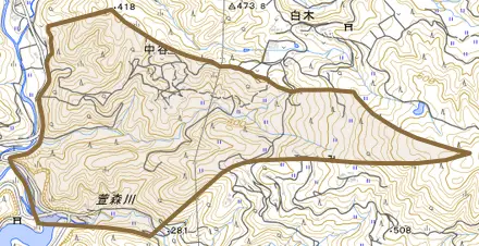 大字中谷とその周辺の地図。町の範囲を重ねている