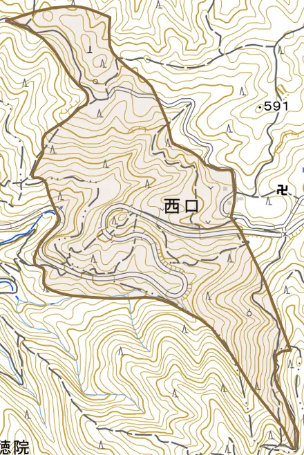 大字西口とその周辺の地図。町の範囲を重ねている