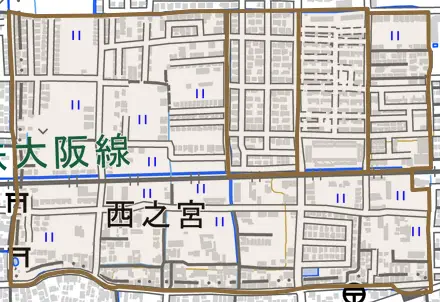 大字西之宮とその周辺の地図。町の範囲を重ねている