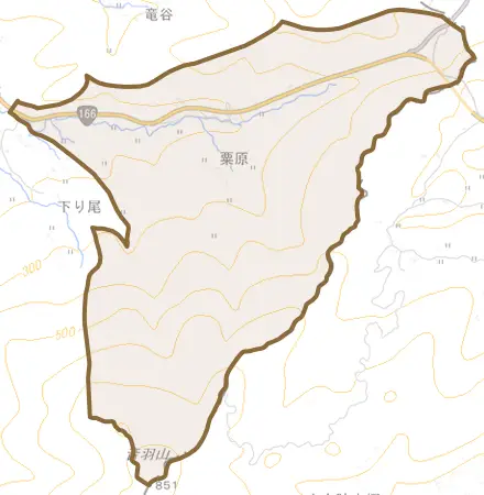 大字粟原とその周辺の地図。町の範囲を重ねている