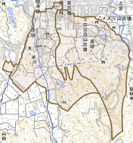 大字生田とその周辺の地図。町の範囲を重ねている