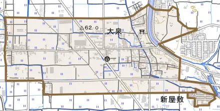 大字大泉とその周辺の地図。町の範囲を重ねている