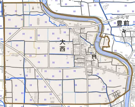 大字大西とその周辺の地図。町の範囲を重ねている