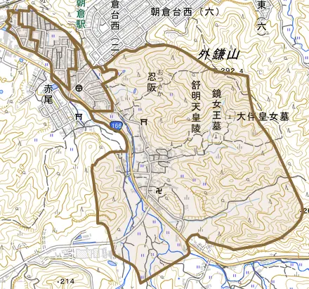 大字忍阪とその周辺の地図。町の範囲を重ねている