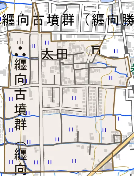 大字太田とその周辺の地図。町の範囲を重ねている