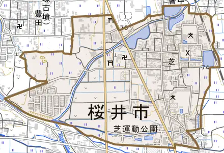 大字芝とその周辺の地図。町の範囲を重ねている