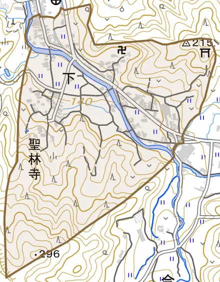 大字下とその周辺の地図。町の範囲を重ねている