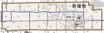 大字新屋敷とその周辺の地図。町の範囲を重ねている