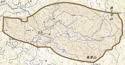 大字白木とその周辺の地図。町の範囲を重ねている