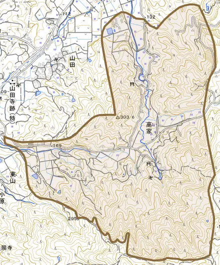 大字高家とその周辺の地図。町の範囲を重ねている
